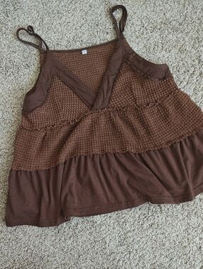 Brown Waffle Knit/ Mesh Boho Babydoll Tank